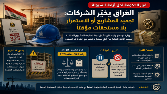 قرار الحكومة لحل أزمة السيولةالعراق يخيّر الشركات: تجميد المشاريع أو الاستمرار بلا مستحقات مؤقتاً