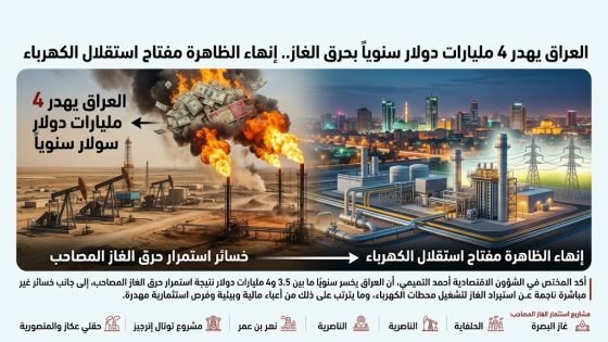 العراق يهدر 4 مليارات دولار سنويا بحرق الغاز.. إنهاء الظاهرة مفتاح استقلال الكهرباء –