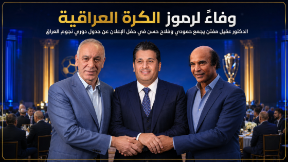 وفاءً لرموز الكرة العراقية.. الدكتور عقيل مفتن يجمع حمودي وفلاح حسن في حفل الاعلان عن جدول دوري نجوم العراق