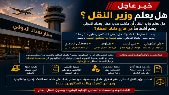 حارث العبيدي.. مدير مطار بغداد الدولي. هل يعلم وزير النقل أن مكتب مدير مطار بغداد يضم أشخاصًا من خارج ملاك المطار؟