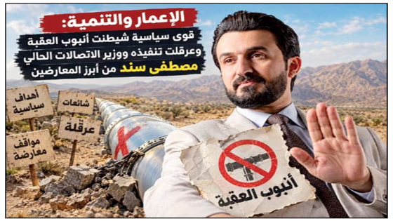 الإعمار والتنمية: قوى سياسية شيطنت أنبوب العقبة وعرقلت تنفيذه  ووزير الاتصالات الحالي مصطفى سند من أبرز المعارضين