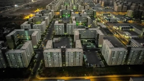 منظر جوي للوحدات السكنية في مدينة بسماية ليلًا